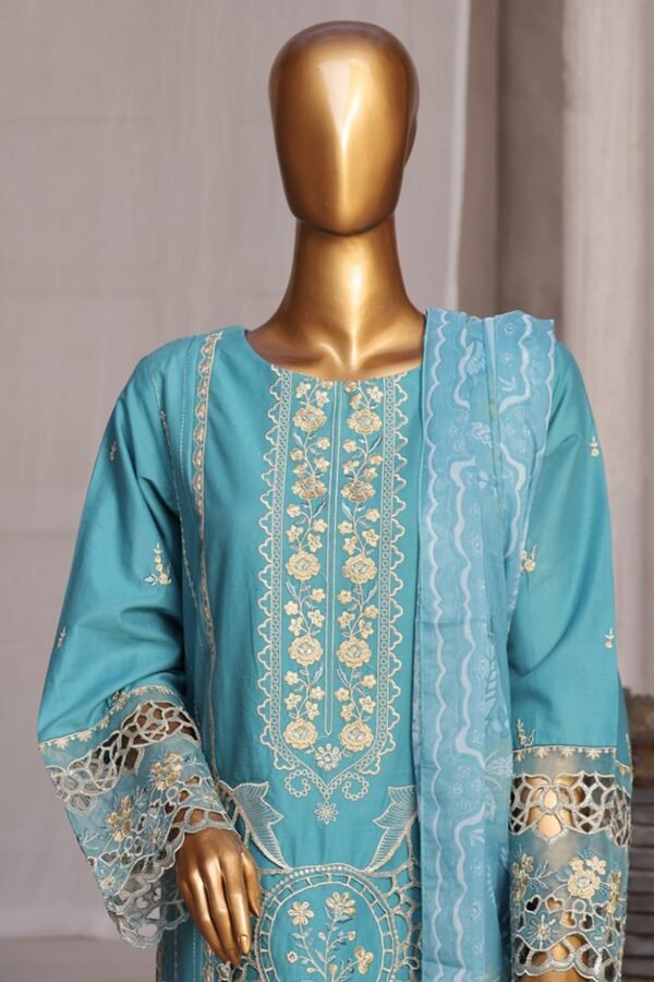 Bin Saeed Stitched 3 Piece Luxury Emb Cotton Collection - Ferozi - Image 2