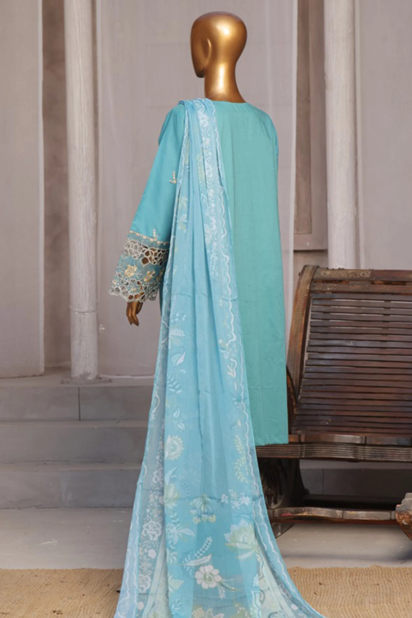 Bin Saeed Stitched 3 Piece Luxury Emb Cotton Collection - Ferozi - Image 3