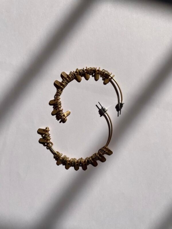 Imported Handmade Gold Hoop Earrings with Textured Dangles - Image 2