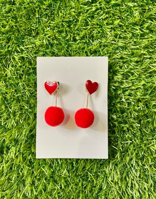 Imported Trendy Love Heart Earrings with Pom Poms