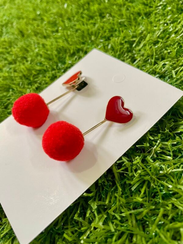 Imported Trendy Love Heart Earrings with Pom Poms - Image 2