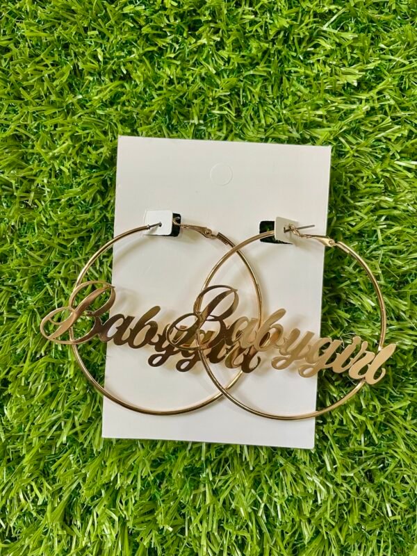 Imported Fashion Hoop Earrings with Sparkly Finish and "Baby Girl" Text
