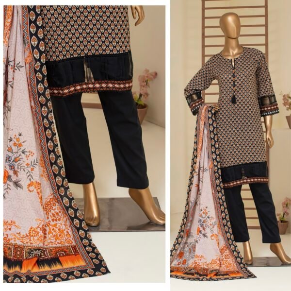 BAU-G Stitched 3Pcs Printed Lawn Collection - Black