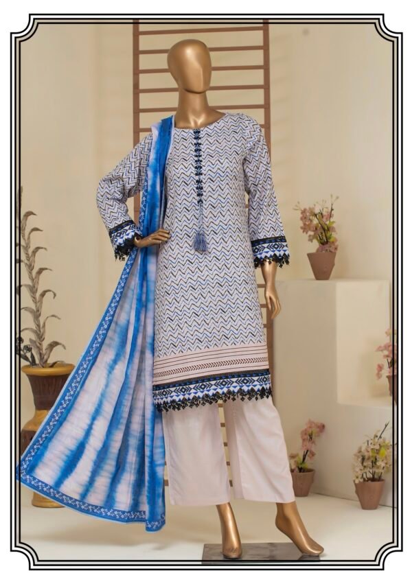 BAU-G Stitched 3Pcs Printed Lawn Collection - White