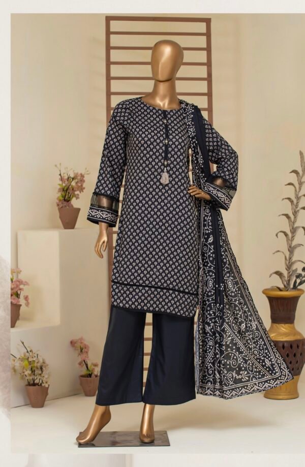 BAU-G Stitched 3Pcs Printed Lawn Collection - Charcoal