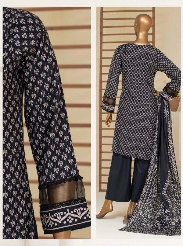 BAU-G Stitched 3Pcs Printed Lawn Collection - Charcoal - Image 2