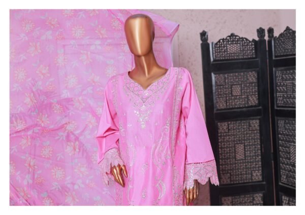Bin Saeed Luxury Plain Cotton Embroidered with Chiffon Dupatta 3-Piece Collection 2025 - D07 - Image 2