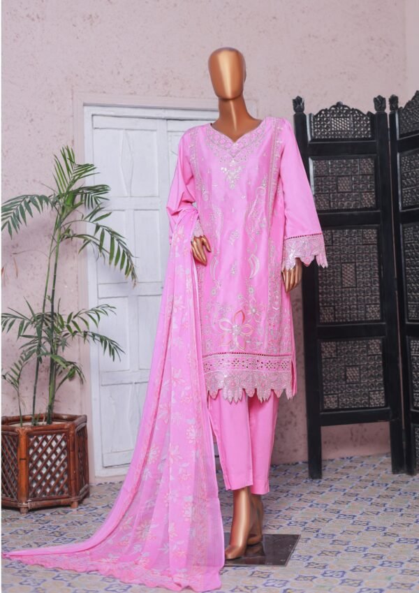 Bin Saeed Luxury Plain Cotton Embroidered with Chiffon Dupatta 3-Piece Collection 2025 - D07