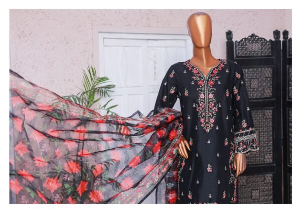 Bin Saeed Luxury Plain Cotton Embroidered with Chiffon Dupatta 3-Piece Collection 2025 - D08 - Image 2