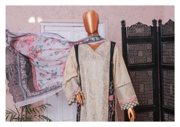Bin Saeed Luxury Plain Cotton Embroidered with Chiffon Dupatta 3-Piece Collection 2025 - D03 - Image 2