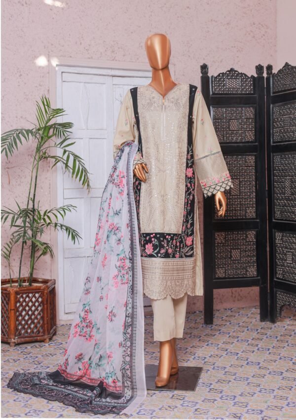 Bin Saeed Luxury Plain Cotton Embroidered with Chiffon Dupatta 3-Piece Collection 2025 - D03