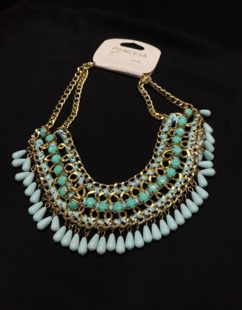 Elegant Turquoise Beaded Statement Necklace for Women - Gold Chain Choker