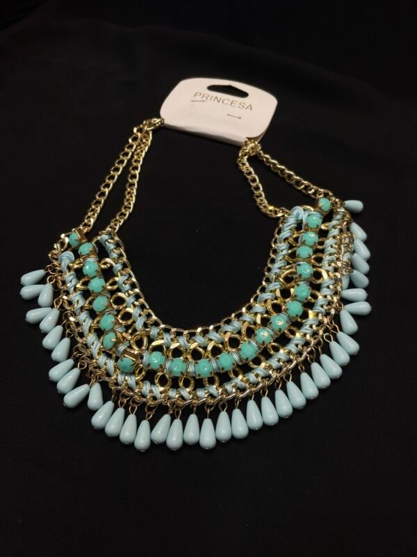 Elegant Turquoise Beaded Statement Necklace for Women - Gold Chain Choker