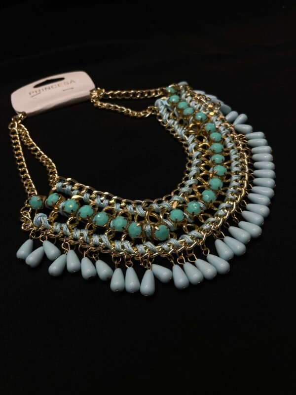 Elegant Turquoise Beaded Statement Necklace for Women - Gold Chain Choker - Image 2