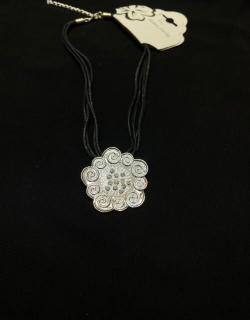 Elegant Silver Floral Pendant Necklace with Black Multi-Strand Cord – Fashion Jewelry for Women