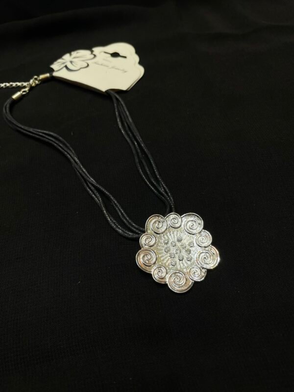 Elegant Silver Floral Pendant Necklace with Black Multi-Strand Cord – Fashion Jewelry for Women - Image 2