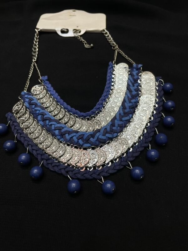 Boho Chic Blue Beaded Coin Statement Necklace for Women – Ethnic Tribal Fashion Jewelry - Image 2