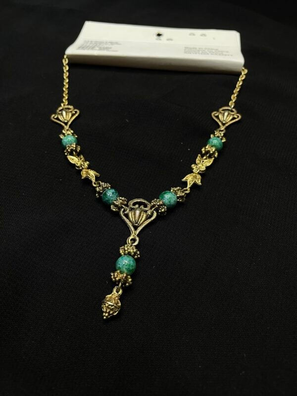 Antique Gold Plated Necklace with Green Beads – Vintage-Inspired Ethnic Jewelry for Women - Image 2
