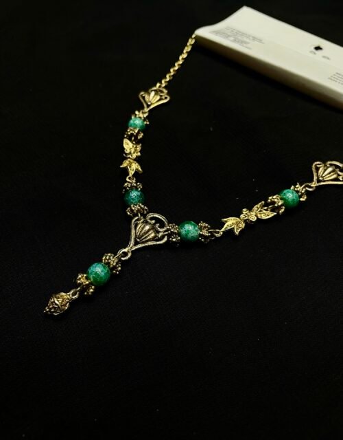Antique Gold Plated Necklace with Green Beads – Vintage-Inspired Ethnic Jewelry for Women