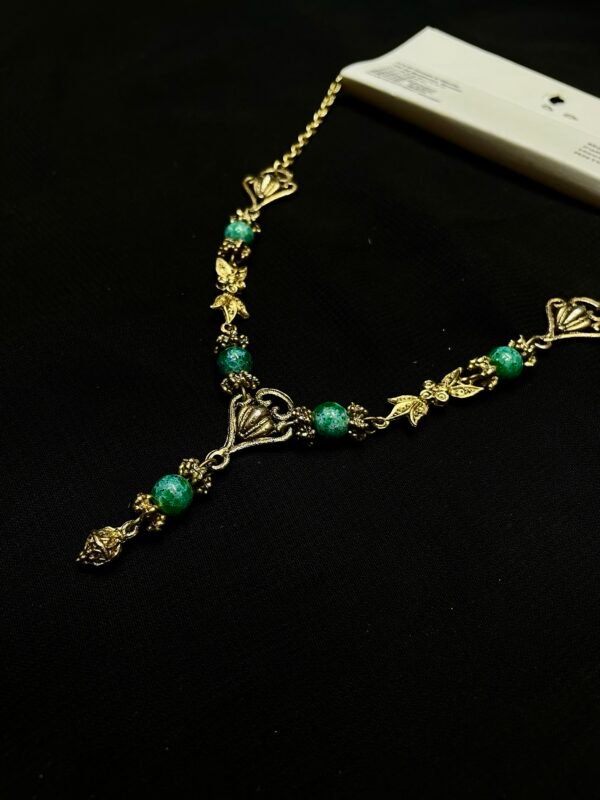 Antique Gold Plated Necklace with Green Beads – Vintage-Inspired Ethnic Jewelry for Women