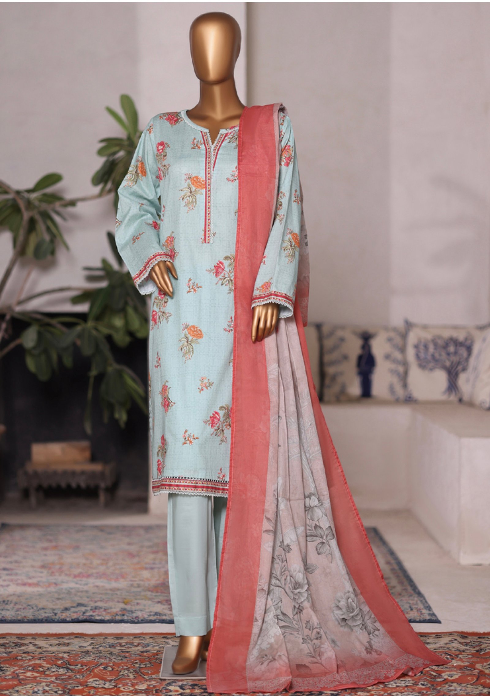 Bin Saeed Printed Cambric Stitched 3 Piece Suit Mid-Summer Collection - D01
