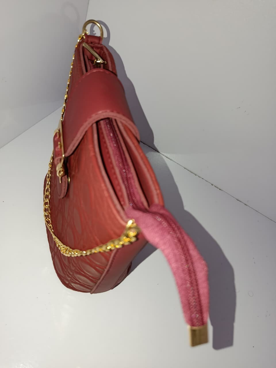 Trendy Maroon Quilted Crossbody Bag with Gold Chain & Buckle - Image 3