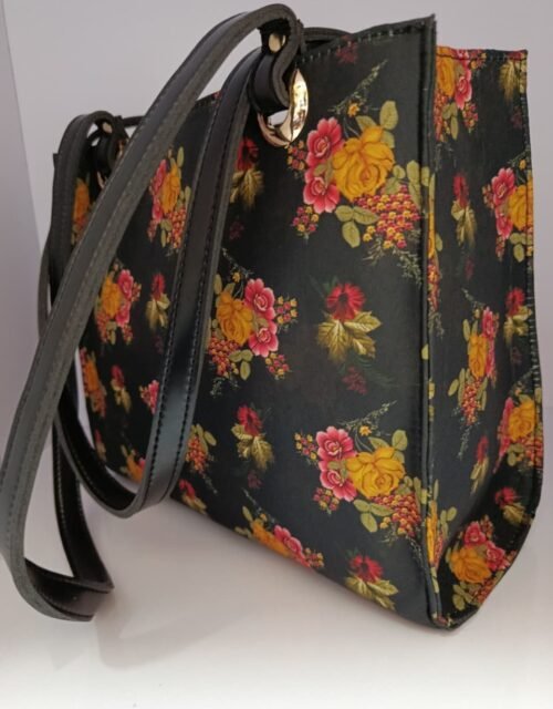 Floral Printed Canvas Tote Bag for Women – Black Handbag with Tassel Charm