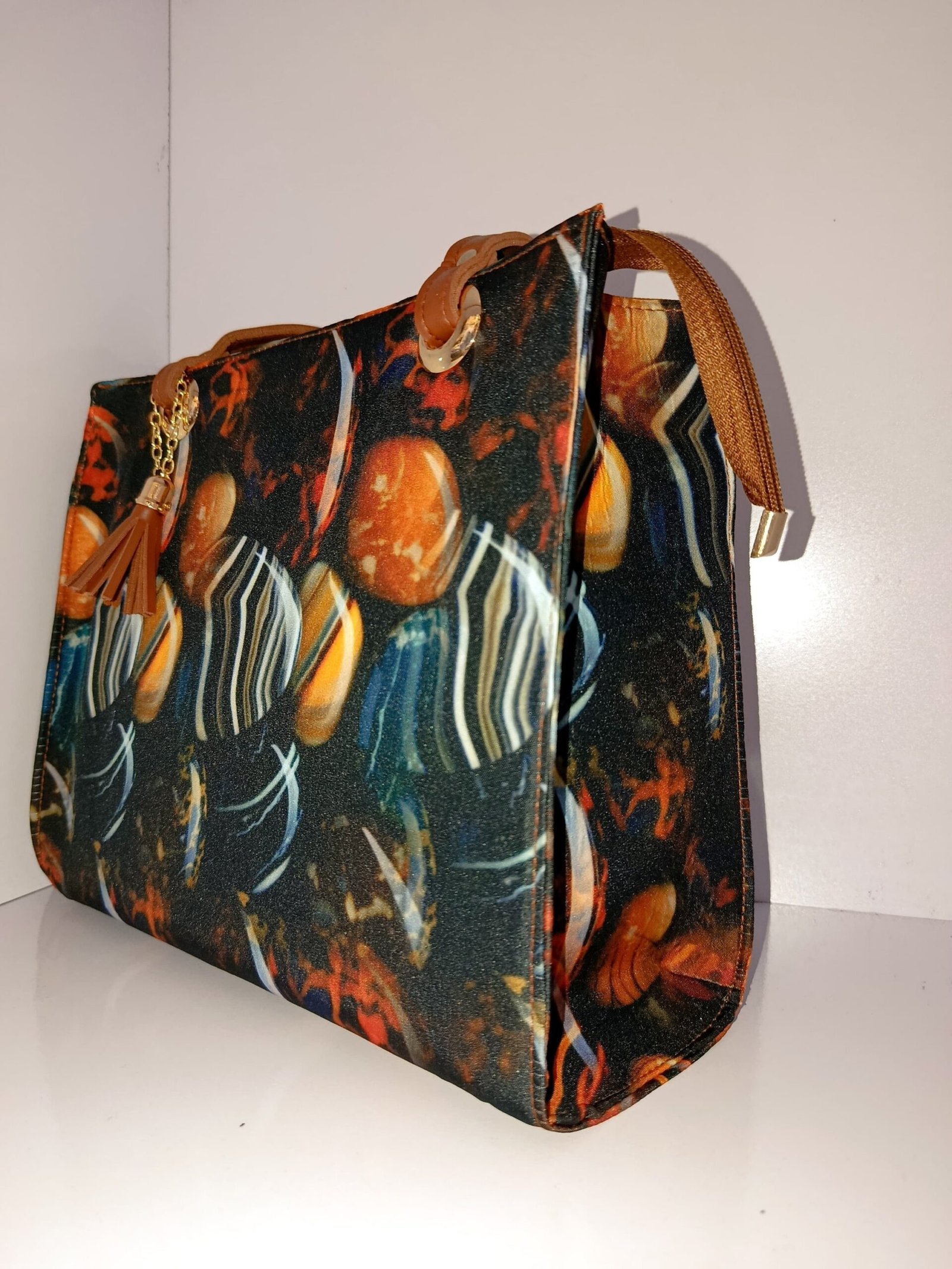 Artistic Canvas Print Tote Bag with Tassel Charm