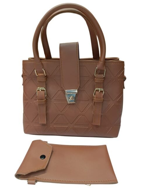 Brown Shoulder Bag with Geometric Pattern and Pouch
