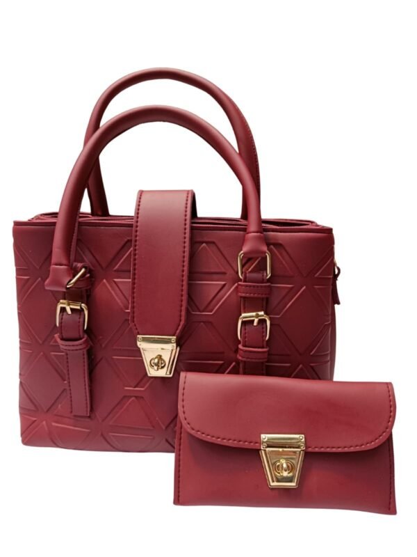 Maroon Shoulder Bag with Geometric Pattern and Pouch - Image 3
