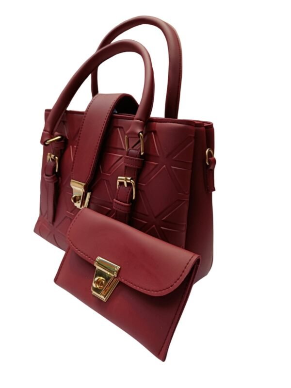 Maroon Shoulder Bag with Geometric Pattern and Pouch - Image 2
