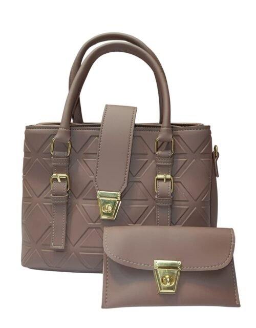 Taupe Shoulder Bag with Geometric Pattern and Pouch