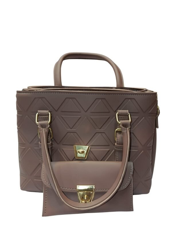​Taupe Shoulder Bag with Geometric Pattern and Pouch - Image 5