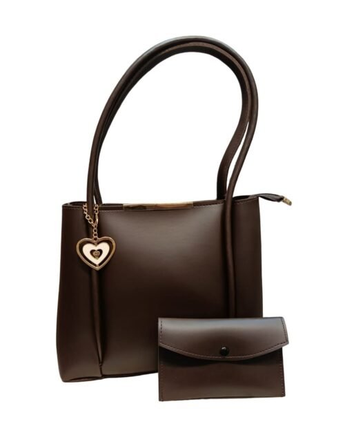 Brown Tote Bag with Heart Charm & Pouch