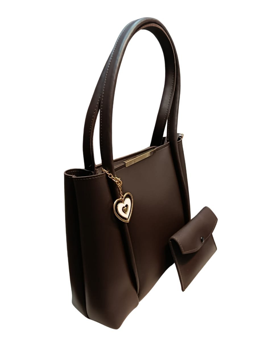 Brown Tote Bag with Heart Charm & Pouch - Image 3