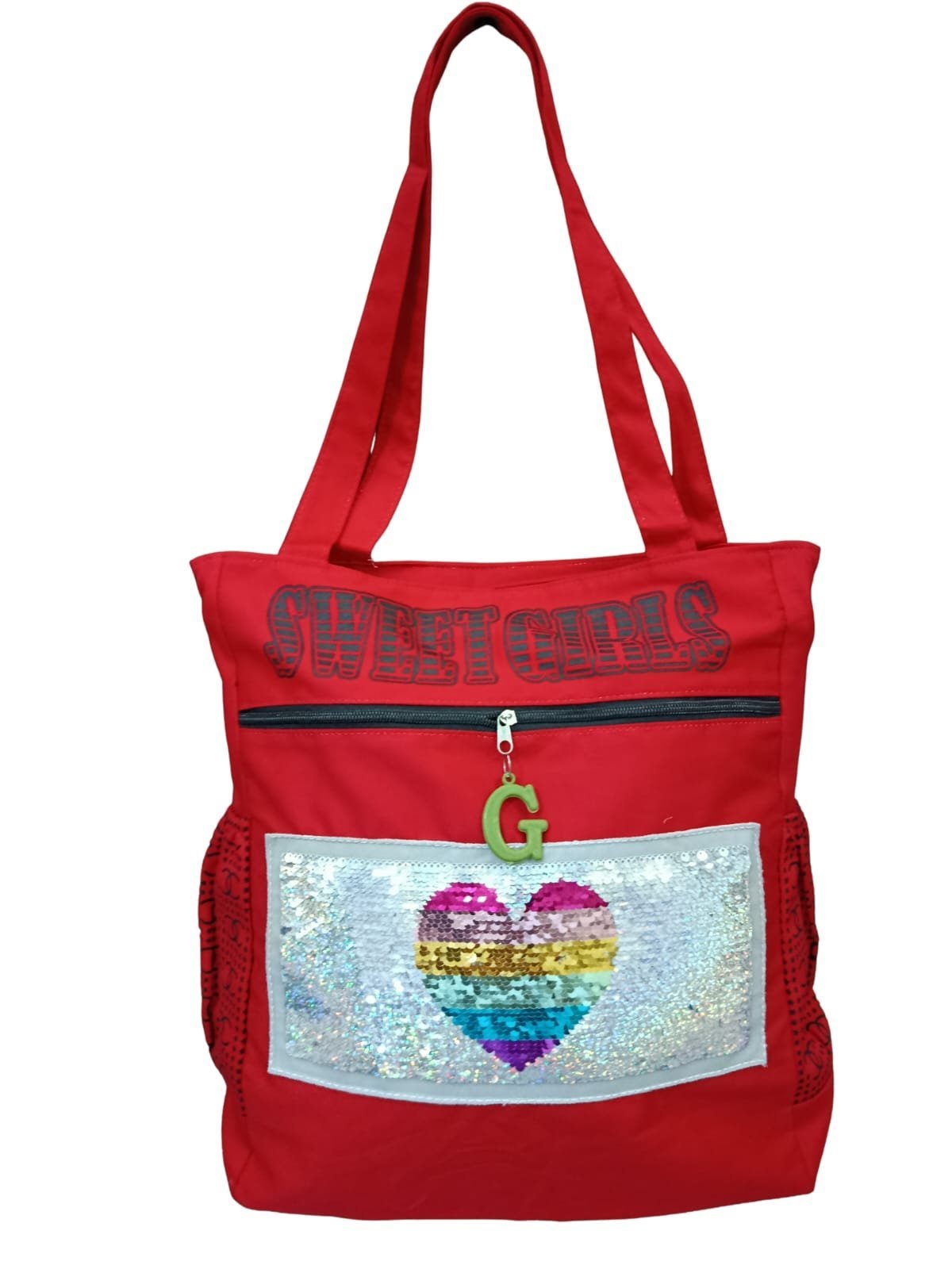 Red Sequin Heart Tote Bag – Multi-Pocket Shoulder Bag