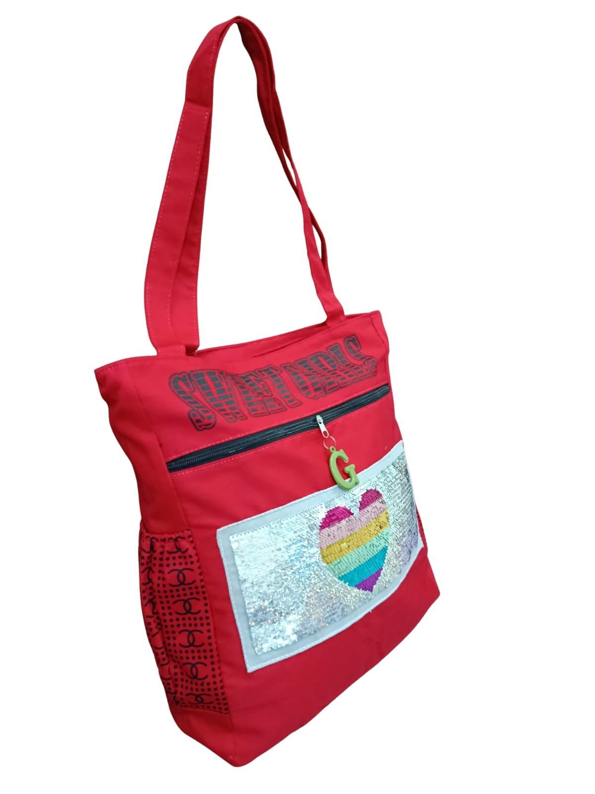 Red Sequin Heart Tote Bag – Multi-Pocket Shoulder Bag - Image 4