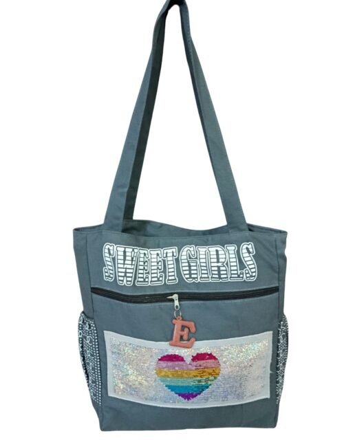 Grey Sequin Heart Tote Bag – Multi-Pocket Shoulder Bag