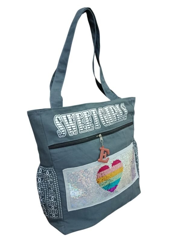 Grey Sequin Heart Tote Bag – Multi-Pocket Shoulder Bag - Image 4