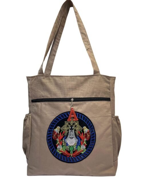 Beige Embroidered Tote Bag – Multi-Pocket Shoulder Handbag