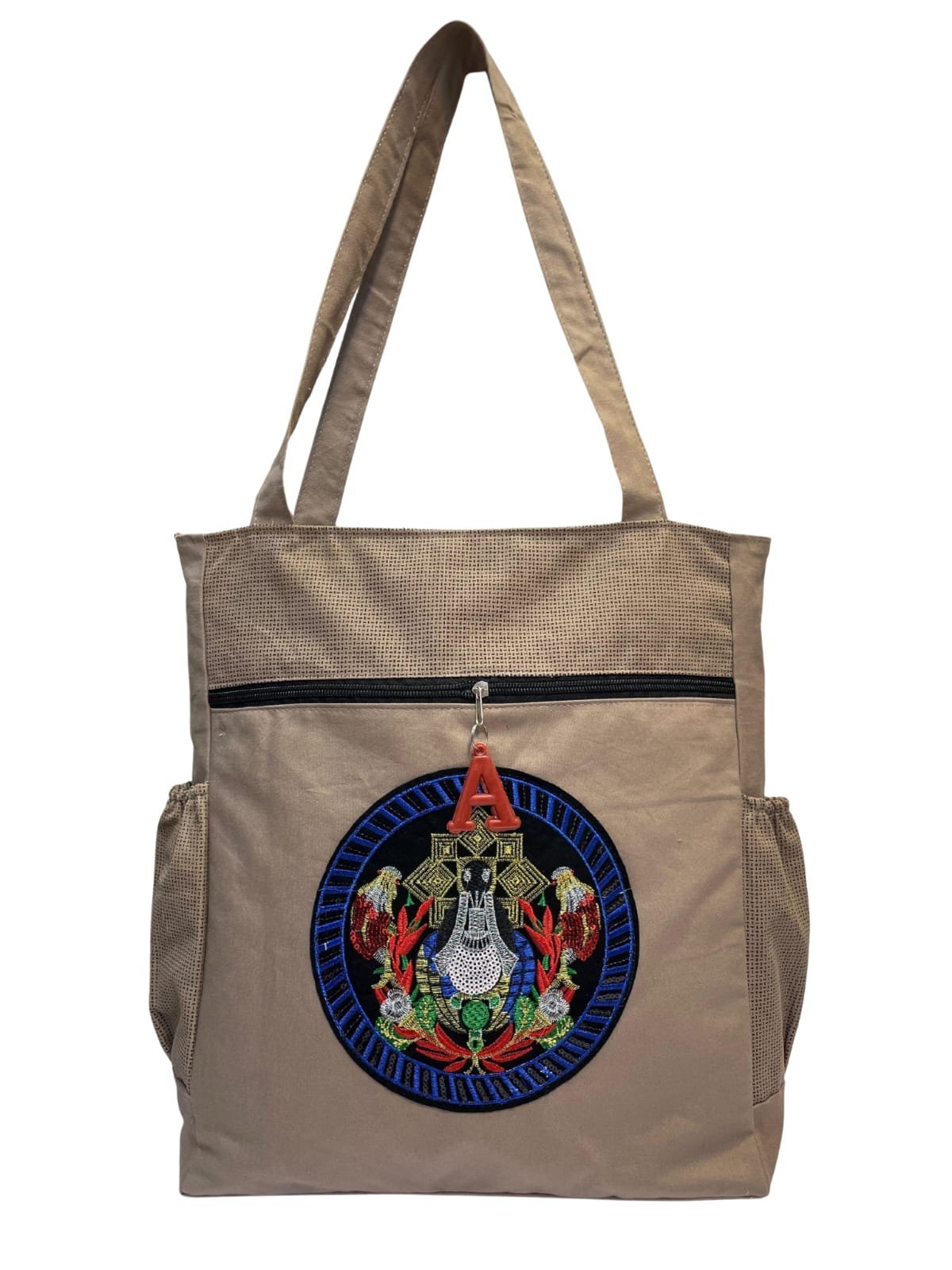 Beige Embroidered Tote Bag – Multi-Pocket Shoulder Handbag