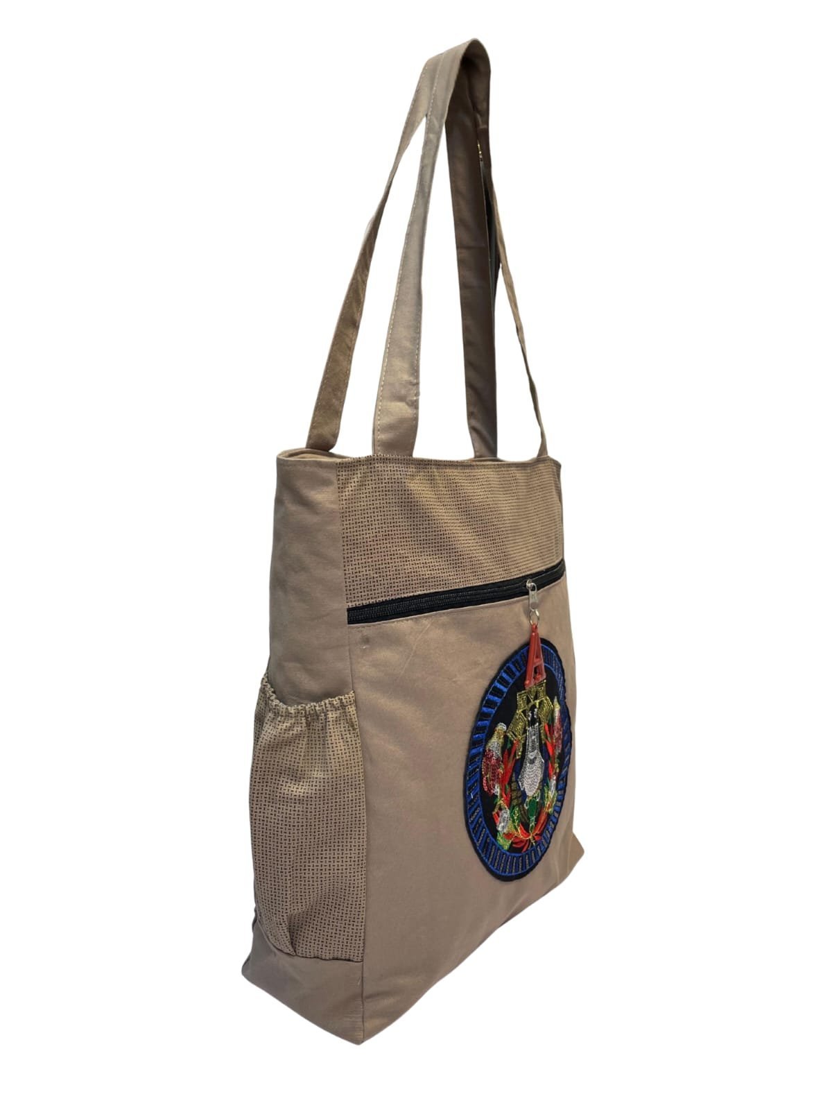 Beige Embroidered Tote Bag – Multi-Pocket Shoulder Handbag - Image 3