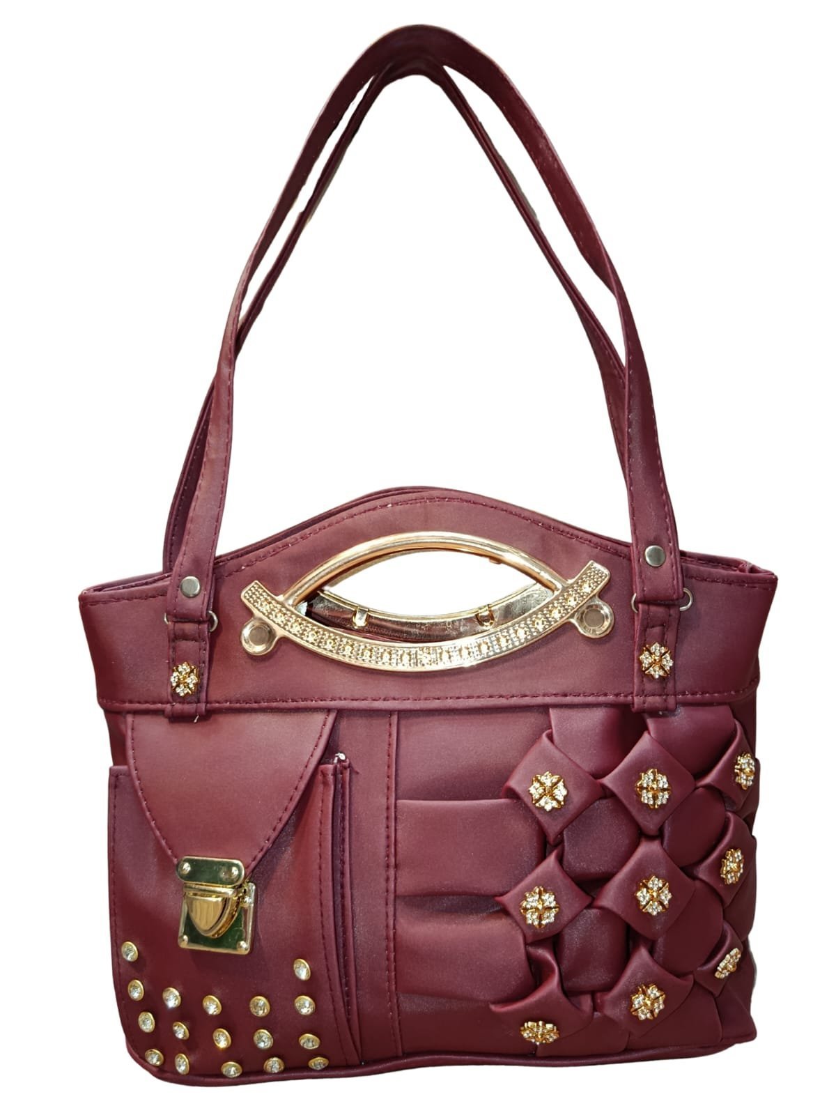 Maroon Designer Handbag for Women – Stylish Shoulder & Hand Carry Bag with Golden Detailing - Image 3