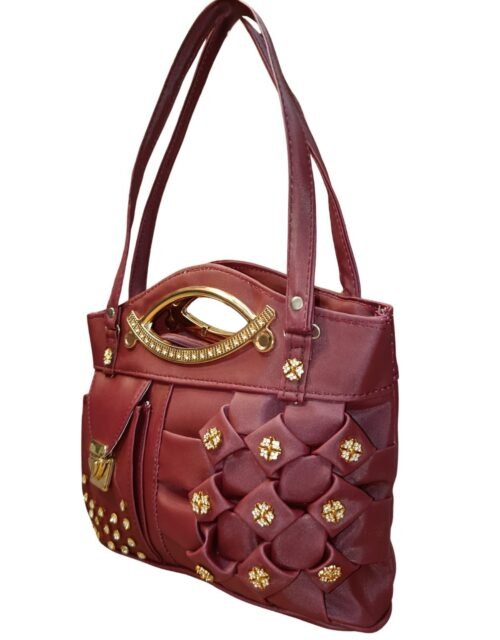 Maroon Designer Handbag for Women – Stylish Shoulder & Hand Carry Bag with Golden Detailing