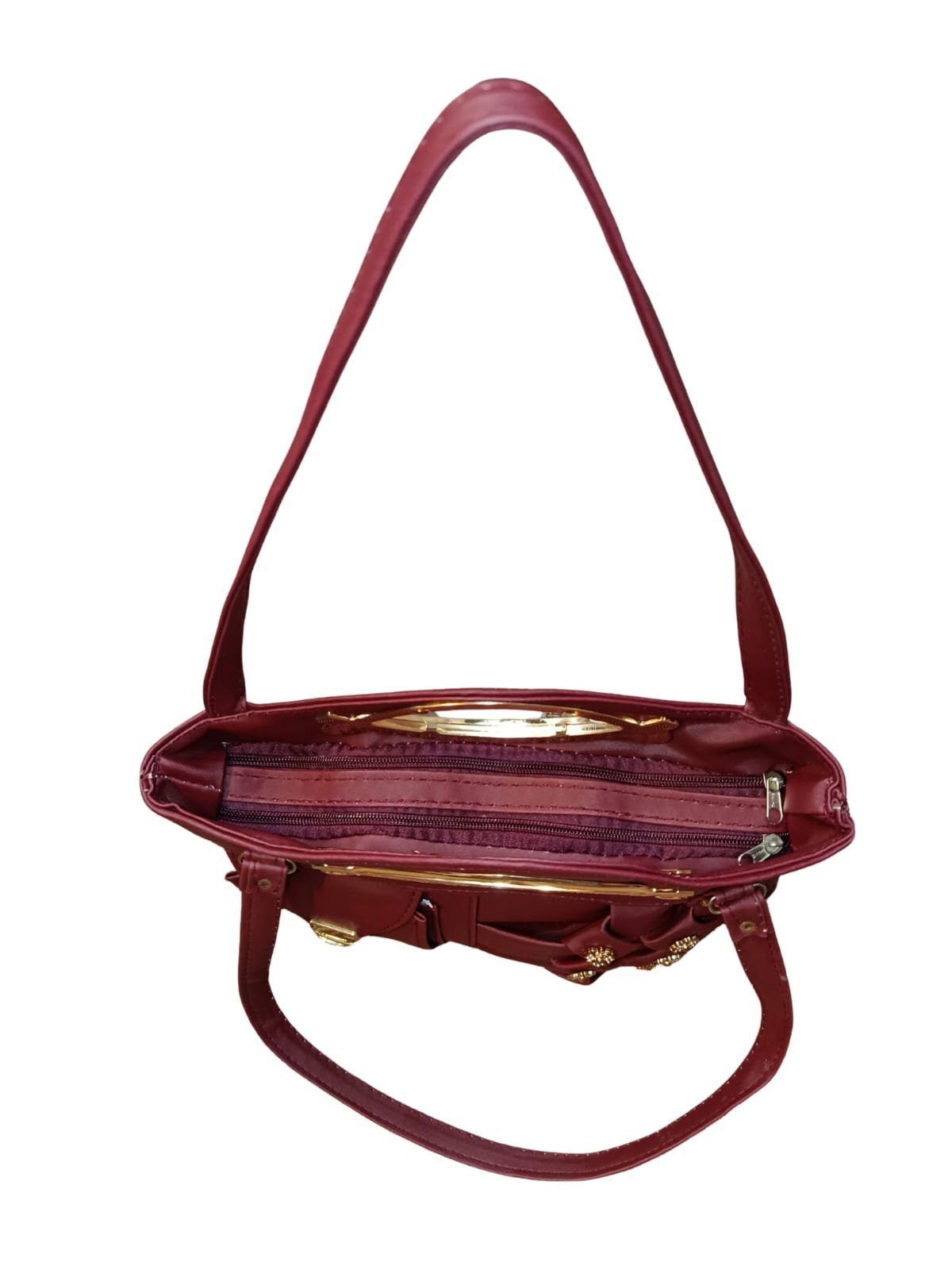 Maroon Designer Handbag for Women – Stylish Shoulder & Hand Carry Bag with Golden Detailing - Image 5