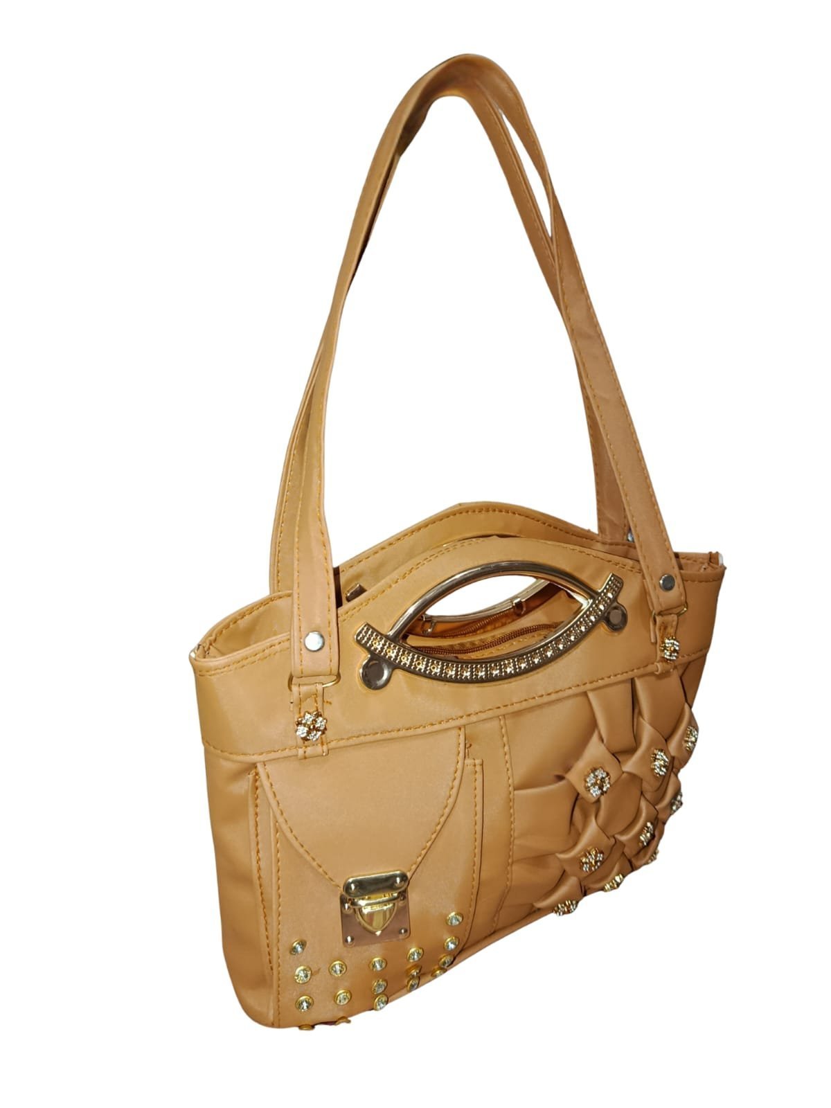 Camel Brown Designer Handbag for Women – Stylish Shoulder & Hand Carry Bag with Golden Detailing - Image 3