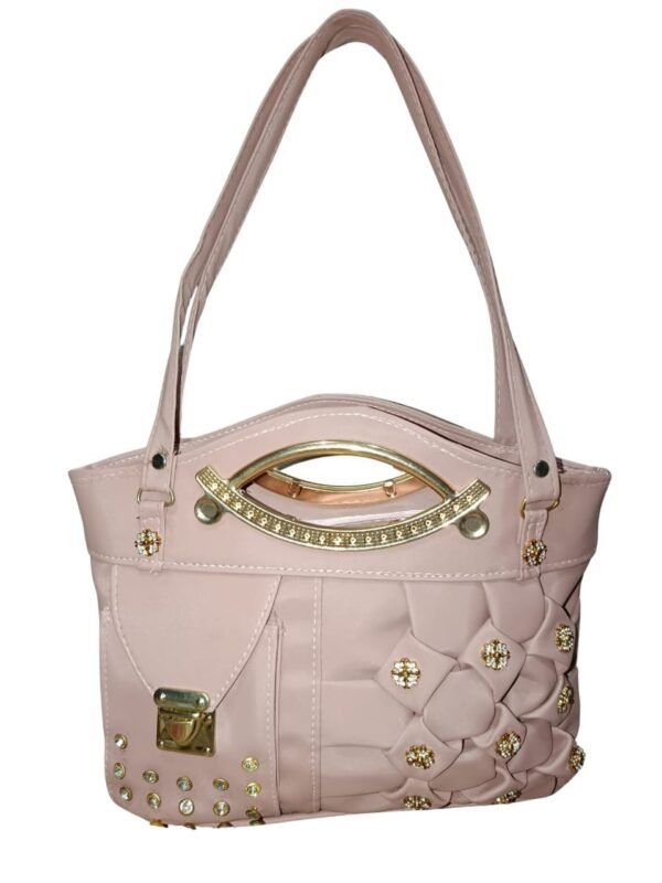Tea-Pink Designer Handbag for Women – Stylish Shoulder & Hand Carry Bag with Golden Detailing - Image 5