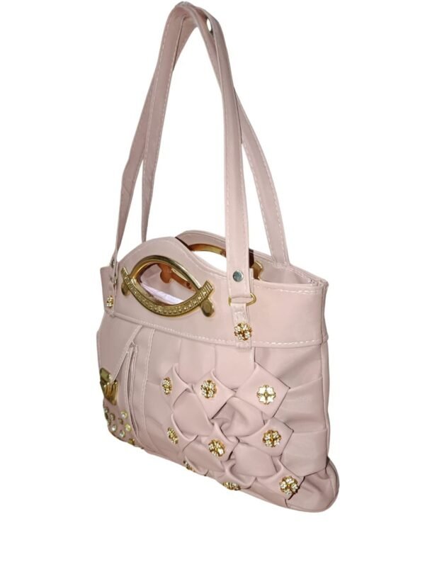 Tea-Pink Designer Handbag for Women – Stylish Shoulder & Hand Carry Bag with Golden Detailing - Image 2