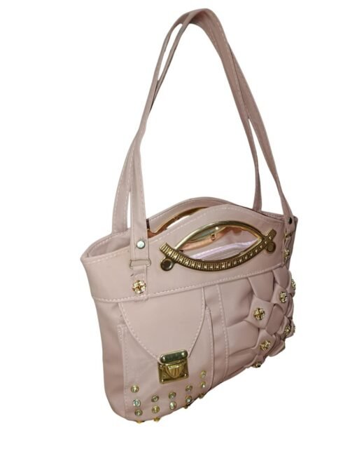 Tea-Pink Designer Handbag for Women – Stylish Shoulder & Hand Carry Bag with Golden Detailing
