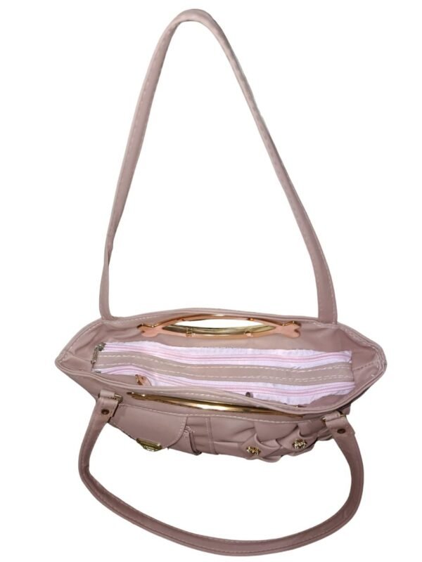 Tea-Pink Designer Handbag for Women – Stylish Shoulder & Hand Carry Bag with Golden Detailing - Image 3
